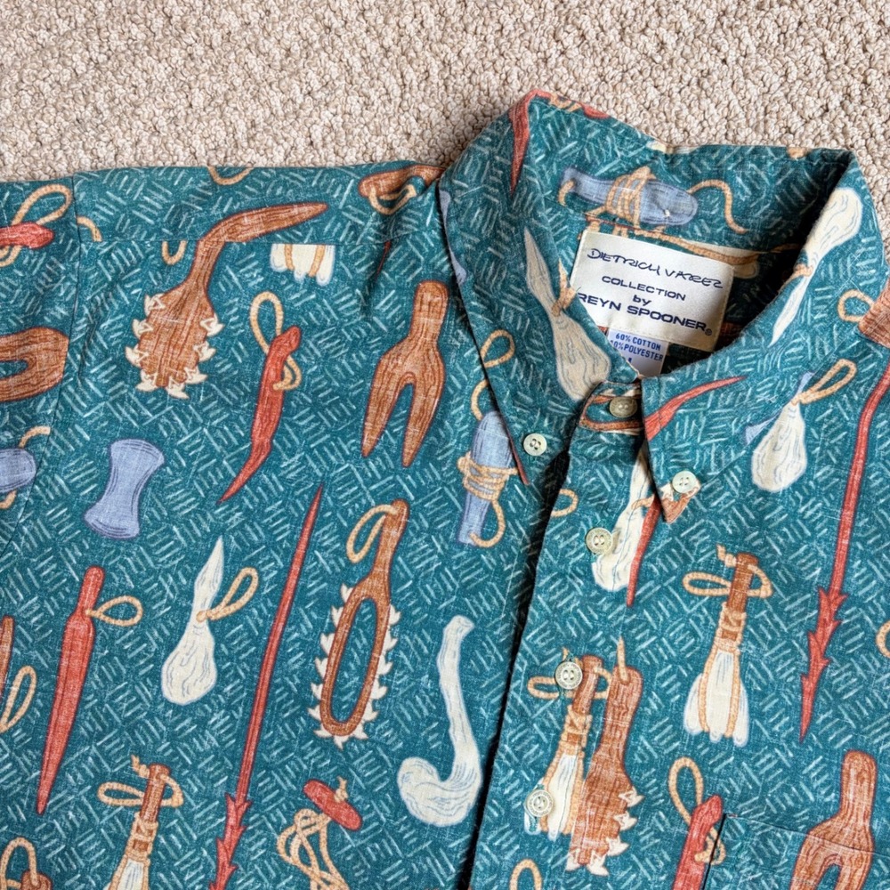 Reyn Spooner Dietrich Varez Hawaiian Artifact Print Shirt Teal Mens L
